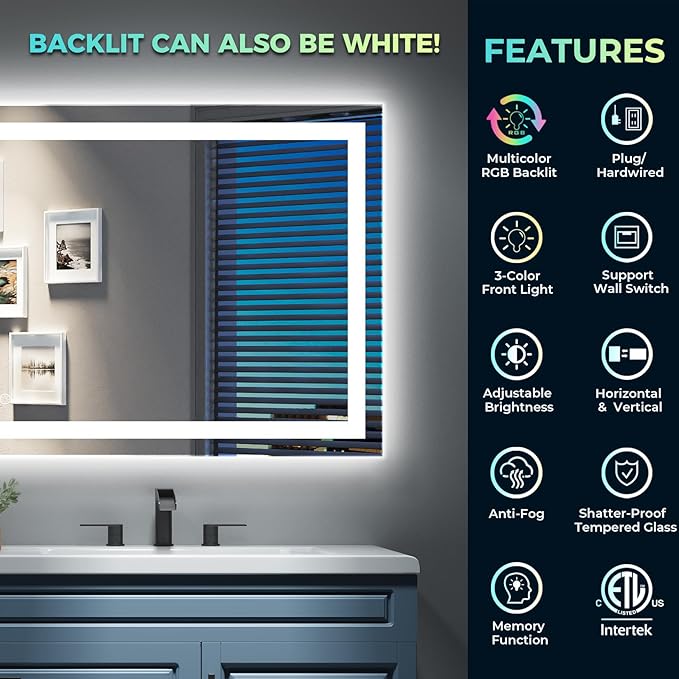 72x36 Inch RGB LED Bathroom Mirror Front Light and RGB Backlit Lighted Vanity Mirror for Bathroom Wall Mounted Dimmable Anti Fog Memory Shatter-Proof IP54 Waterproof Horizontal/Vertical