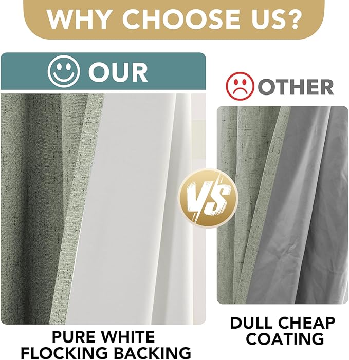 H.VERSAILTEX Linen Blackout Curtains 108 Inches Long 100% Absolutely Blackout Thermal Insulated Textured Linen Look Curtain Draperies Anti-Rust Grommet, Energy Saving with White Liner, 2 Panels, Sage