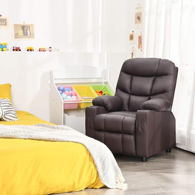 Costzon Kids Recliner Chair with Cup Holder, Adjustable Leather Lounge Chair w/Footrest & Side Pockets for Children Boys Girls Room, Ergonomic Toddler Furniture Sofa, Kids Recliner (Brown)
