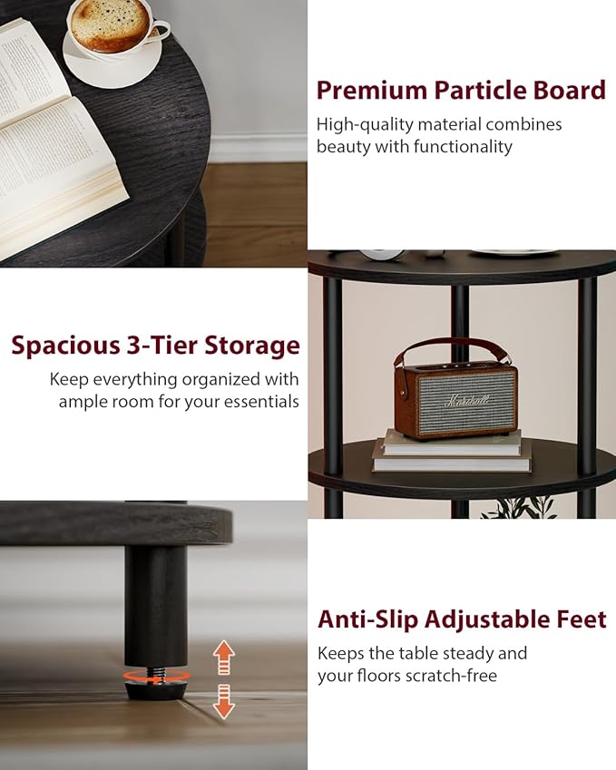 Small Round End Table - 3 Tier Design Accent Table, Narrow Side or Bedside Stand, Industrial Vintage Nightstand for Bedroom, Living Room, or Small Spaces, Charcoal Wenge