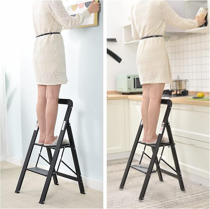 KINGRACK Step Ladder, 2 Steps, Folding Step Ladder with Handrail, Non-Slip Household Ladder with Folding Safety, Aluminium Step Stool, Maximum Load 150 kg, Black