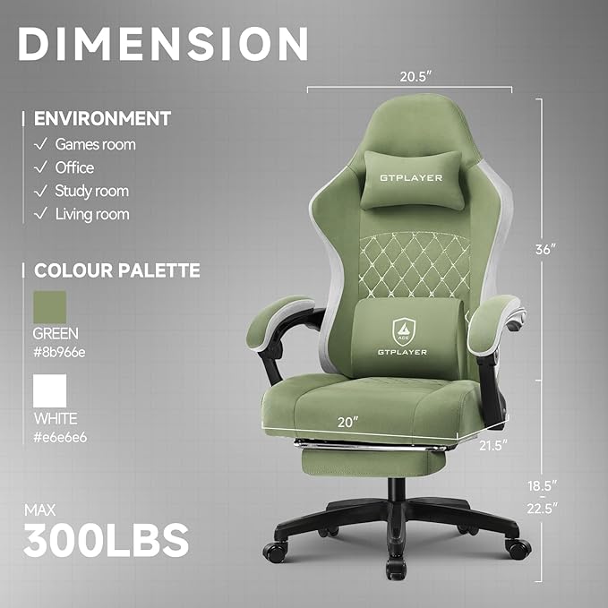 GTPLAYER Office Chair, Gaming Computer Desk Fabric Chair with Footrest, High Back Ergonomic Office Chair with Pocket Spring Lumbar Support and Linkage Armrests Adjustable Height Swivel for Home Task