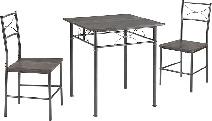 JOIN IRON 3-Piece Metal and Wood Indoor Modern Square Dining Table Furniture Set for Kitchen, Dining Room, Dinette, Breakfast Nook w/ 2Chairs - Gray