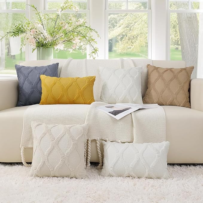 decorUhome Throw Pillow Covers 16x16 Inch Set of 2, Soft Plush Faux Fur Wool Cream White Couch Pillow Covers, Decorative Neutral Pillow Cases for Bed Sofa Living Room Home Decor