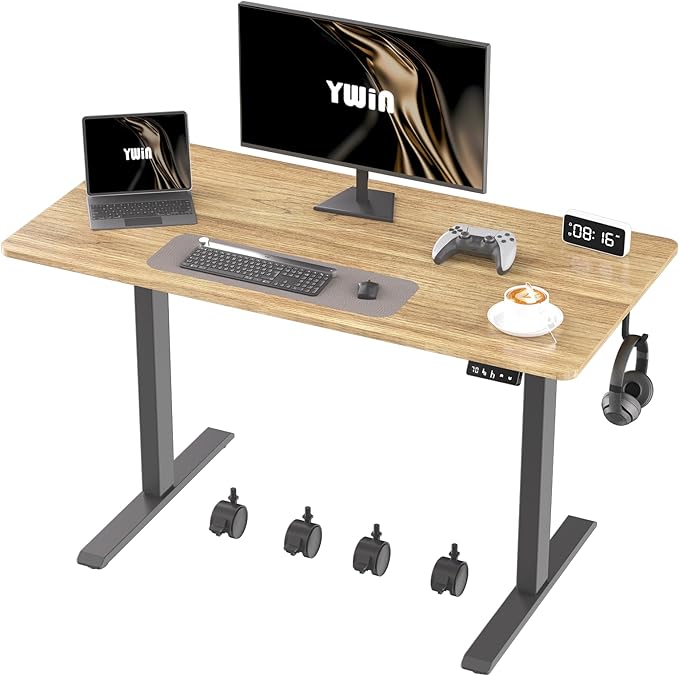 Ywin Electric Height Adjustable Standing Desk with Wheels, 63 x 24 inches Ergonomic Stand Up Desk for Home Office