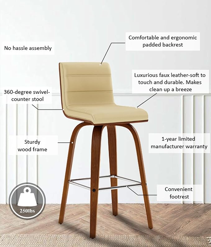 Armen Living Vienna 26" Swivel Counter Stool in Walnut Wood Finish with Cream Faux Leather - Set of 3