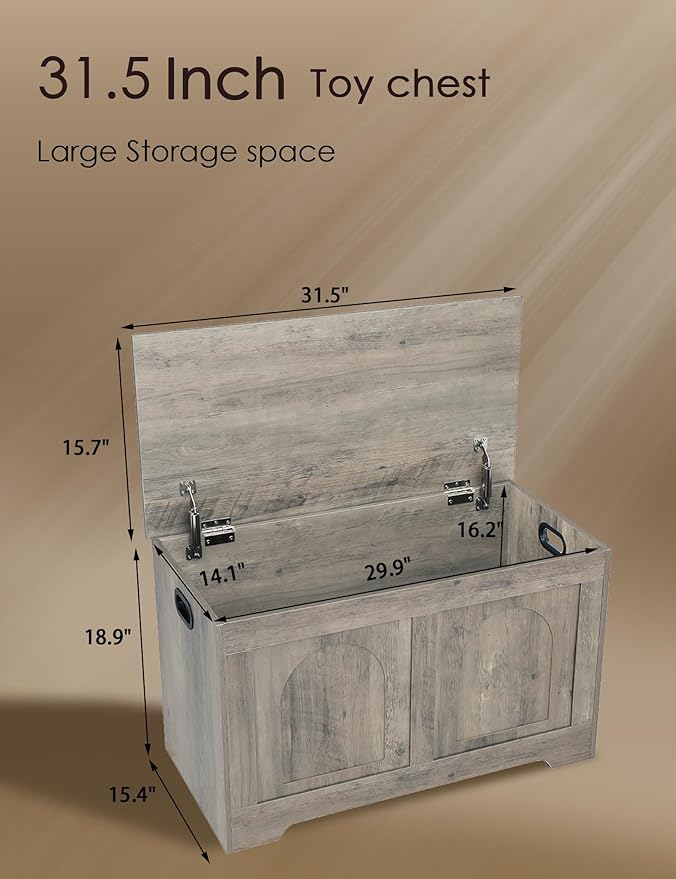 DINZI LVJ Storage Chest, 31.5”Wooden Toy Box with 2 Safety Hinges, Entryway Storage Bench with Flip-Top, Sturdy Storage Trunk for Living Room, Bedroom, Easy Assembly, Gray Wash