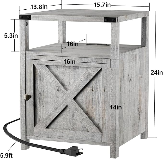 Farmhouse Nightstand with Charging Station, Grayish White End Table Bedroom with Storage Living Room Side Table Beige Night Stand Industrial Bedside Bed Table with USB Ports and Outlets