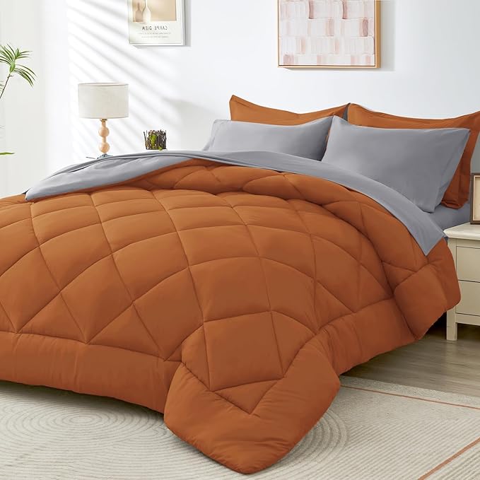 HEVUMYI Twin Comforter Set - 5-Piece All Season Bed in a Bag Twin, Ultra Soft Bedding Set with Comforter, Flat Sheet, Fitted Sheet, Pillowcases, Pillow Shams, Orange & Light Grey