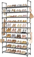 Tall Shoe Rack 10 Tier Shoe Organizer Large Shoe Shelf with 18 Hooks Storage for 50 Pair Sneaker and Boot, Stackable Vertical Shoe Rack Organizer for Closet, Entryway, Bedroom, Grey