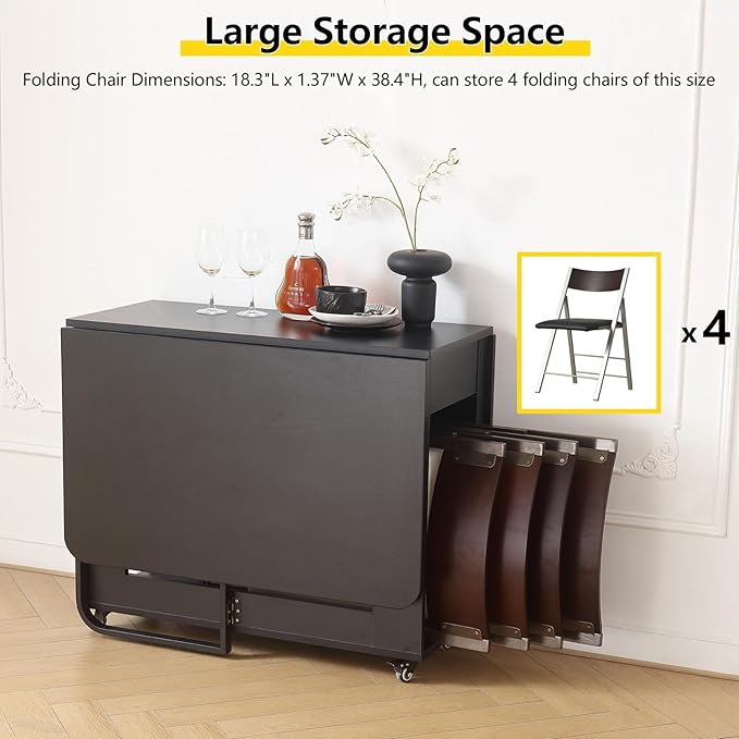 Folding table and chair set, dining table with extra large storage space and 4 universal wheels, matched with padded steel frame folding chairs, space-saving dining table and 2 chairs (Black)