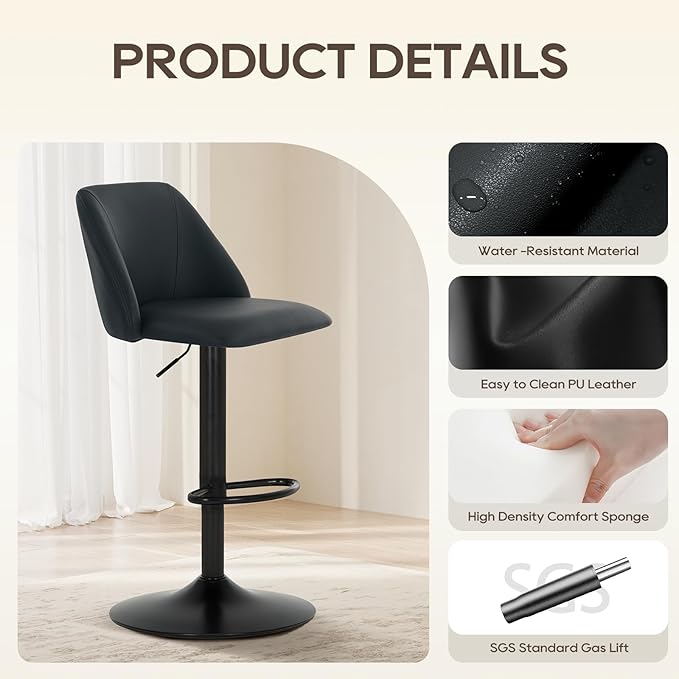 COLAMY Bar Stools Set of 6, Modern Swivel Bar Chairs, Adjustable PU Leather Upholstered Barstools Counter Height with Full Backrest for Bar, Dining Room, Kitchen Island, Black