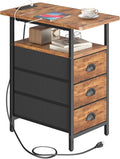 End Table with Charging Station, Side Tables Livingroom with USB Ports and Outlets,Narrow Nightstands Bedside Tables with 3 Drawers for Small Space,Slim Sofa Table Bedroom,Rustic Brown