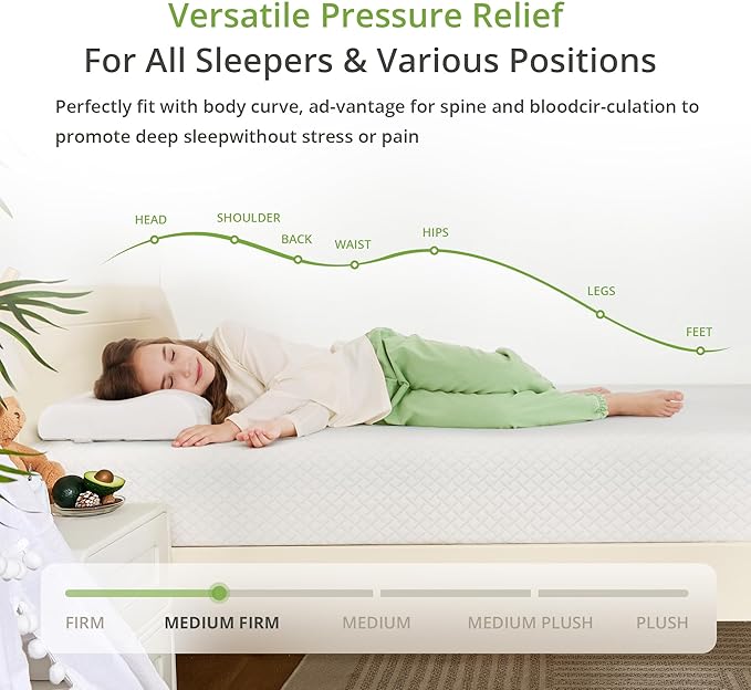 8 Inch Twin Mattress, Memory Foam Mattress with Cooling Green Tea Gel, Relieve Pressure with Medium Firm Support, CertiPUR-US Certified, 75''L x 38''W, White