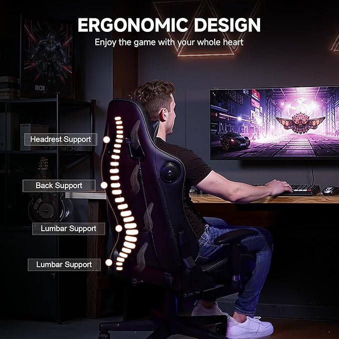 GTPLAYER Gaming Chair with Bluetooth Speakers, Adjustable Backrest and Height, 3D Armrests, Footrest, Ergonomic Computer Chair for Gamers (Dark Black)