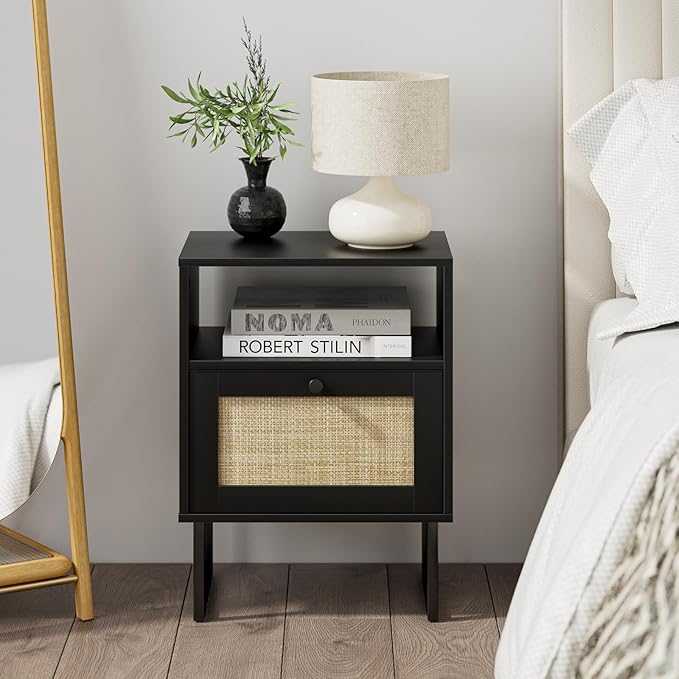 Masupu Rattan Nightstand,Modern Boho Farmhouse Wood Bedside Table with Storage Drawer and Open Shelf,Small Black Frame Side End Table for Bedroom,Living Room,Office (Black)