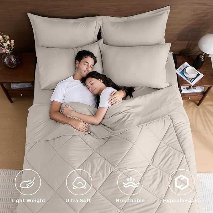 HEVUMYI Beige Tan Twin-XL Comforter Set - 5-Piece All Season Bed in a Bag Twin-XL, Ultra Soft Bedding Set with Comforter, Flat Sheet, Fitted Sheet, Pillowcases, Pillow Shams, Beige Tan