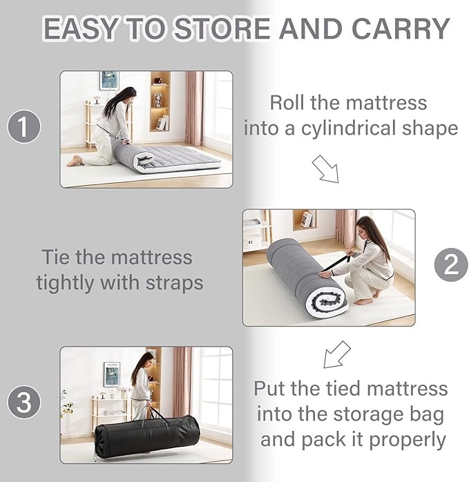 Welnow Japanese Futon Floor Mattress, Queen Size Thick Tatami Mat Portable & Foldable Roll Up Floor Bed Mattress with Storage Bag, Sleeping Pad for Adults, Dorm, Guest Bed, Camping and Travel, Grey