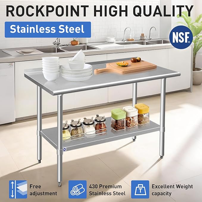 ROCKPOINT Stainless Steel Table for Prep & Work with Backsplash 14x30 Inches, NSF Metal Commercial Kitchen Heavy Duty Table with Adjustable Under Shelf and Table Foot for Restaurant, Home and Hotel
