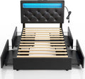 Rolanstar Twin Bed Frame with 4 Storage Drawers and Charging Station,Twin Bed with Led Lights, 2 USB & 1 Type C, Adjustable Headboard 38.9/40.8 Inches, No Box Spring Needed, Black