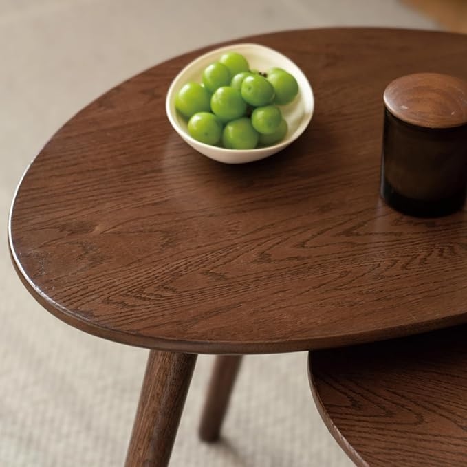 Small Oval Nesting Table, Mid Century Coffee Tables for Living Room,Solid Oak Wood Side Table,Triangle Tabletop with 3 Legs,Minimalist Display End Tables (Walnut Color, Combine)