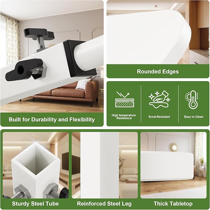 C Shaped End Table for Couch, Adjustable Height Couch Side Table, Horizontal 360°Swivel Small TV Tray Table Couch Side Tables That Slide Under (White)