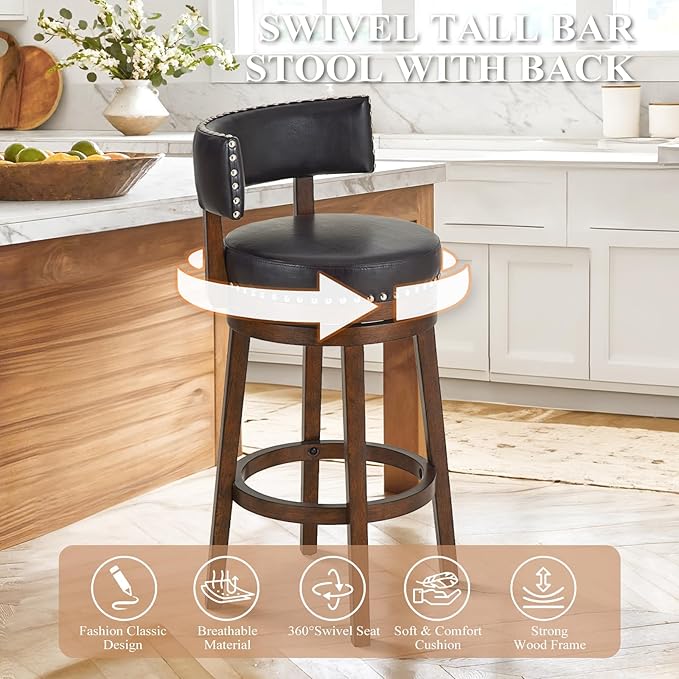 COLAMY Swivel Bar Stools Set of 4, 30 Inch Swivel Bar Height Bar Stools, Wood Swivel Barstools with Back, Modern Upholstered Wooden Barstools for Kitchen Island Dining Room Bar, Dark Brown