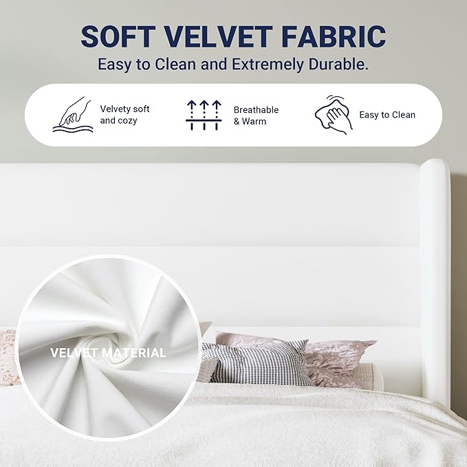 Allewie Queen Size Platform Bed Frame with Velvet Upholstered Wingback Headboard, No Box Spring Needed, Under Bed Storage Space, Strong Wooden Slats, Modern Mattress Foundation, Easy Assembly, White
