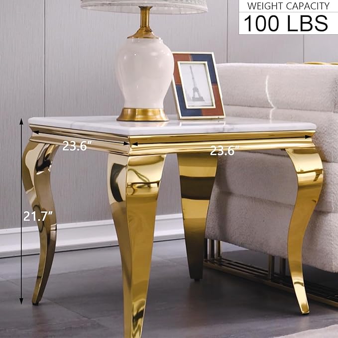 End Table, White and Gold Side Table for Living Room, Bedroom, Glam Stable End Table with Square White Top and Polished Gold Cabriole Legs, Set of 4