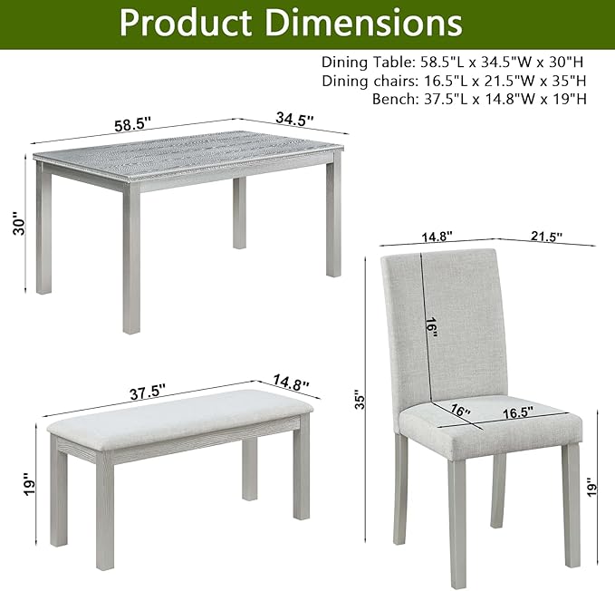 soges 6 Piece Wooden Dining Table Set, Dining Room Table with 4 Upholstered Chairs and Bench, Rectangular 6-Person Kitchen Dining Table Set with Crystal Decoration, Silver Grey