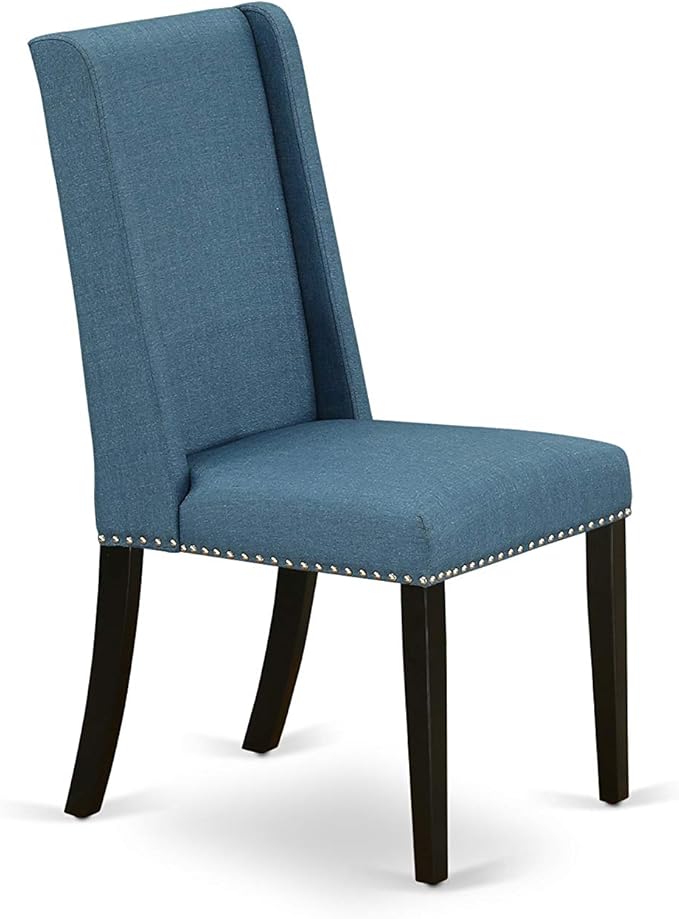 East West Furniture NOFL5-BLK-21 5 Piece Dinette Set for 4 Includes a Rectangle Dining Room Table with Butterfly Leaf and 4 Blue Linen Fabric Upholstered Chairs, 32x54 Inch, Black