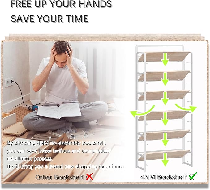 4NM No-Assembly 6 Tiers Folding Bookshelf Storage Shelves Vintage Bookcase Standing Racks Study Organizer Home Office (Natural White)