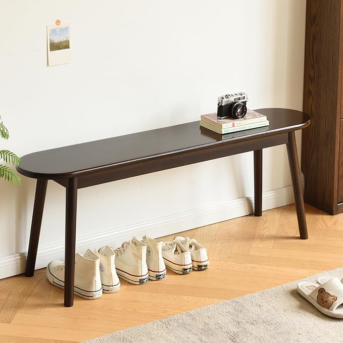 Walnut Solid Wood Bench, 47.3" L – Narrow Mid-Century Wooden Bench for Entryway, Kitchen, Dining, Bedroom & Shoe Storage