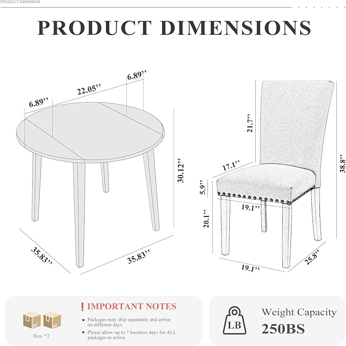 COLAMY 3-Piece Extendable Dining Table Set for 2, 36" Kitchen Round Wood Table with 2 Nailhead Dining Room Chairs,Light Brown/Light Grey
