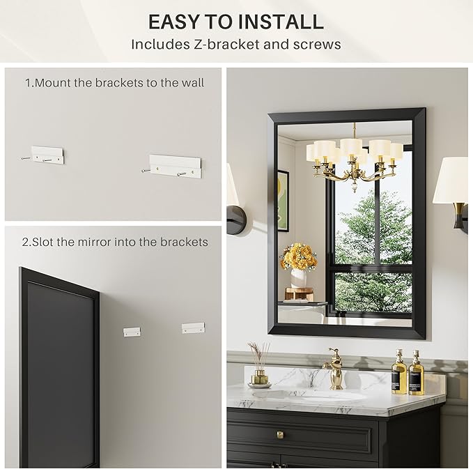 22x30 Inch Black Bathroom Mirror for Wall, Thick Metal Framed Rectangle Mirrors for Over Sink, Bedroom, Living Room, Entryway, Anti-Rust, HD Tempered Glass