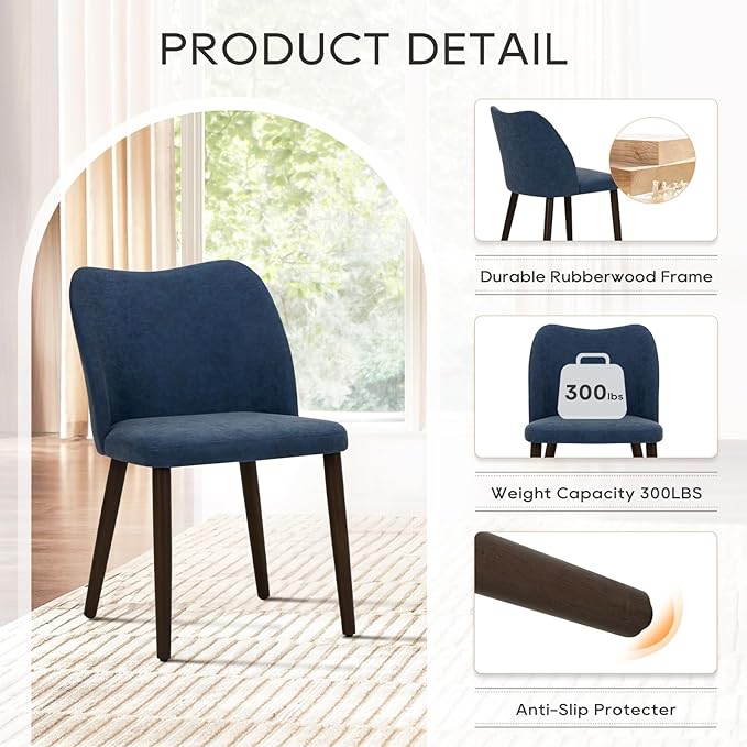 COLAMY Upholstered Dining Chairs Set of 2, Modern PU Leather Dining Room Kitchen Side Chair with Padded Seat and Wood Legs Restaurant/Cafe, Blue