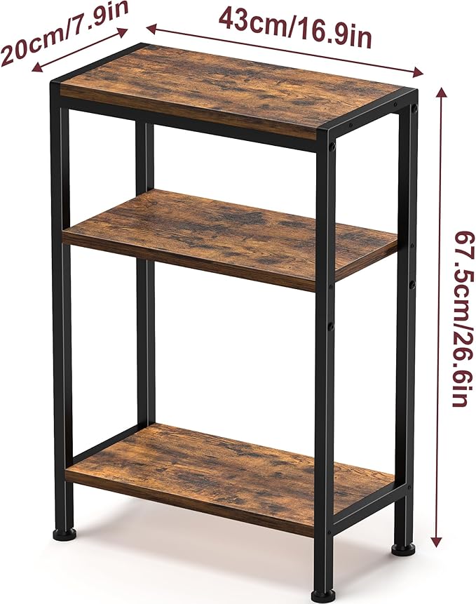 Narrow Side Table for Small Space Set of 2, 3-Tier Small End Table with Shelf Holder, Slim Nightstand, Skinny Snack Couch Table in Living Room, Bedroom, Study, Kitchen and Balcony（Rustic Brown