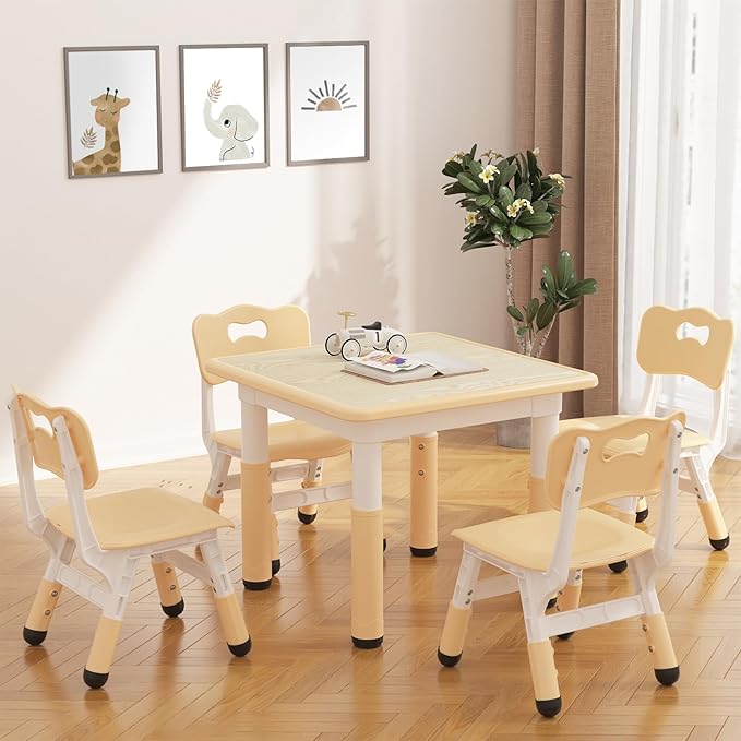 GarveeHome Toddler Table and 4 Chairs Set with Graffiti Desktop, Height Adjustable Kids Table and Chairs Set with Storage, Non-Slip Legs, Kids Activity Table for Home, Nursery, for Age 2-10