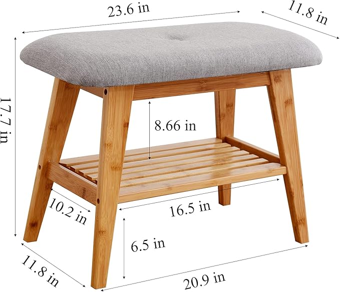 Shoe Rack Bench, Bamboo Entryway Bench, Organizer with 2 Tier Storage, Simple Style, Good Load Bearing, Ideal for Entryway Hallway Living Room,(Nature,23.6'')