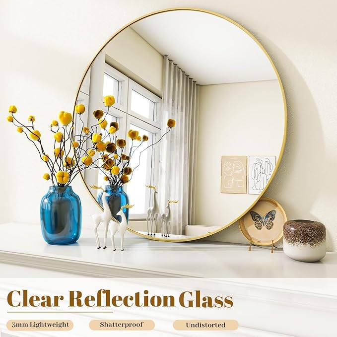 Gold Round Bathroom Mirror, 24 inch Circle Wall Mounted Hanging Mirror with Simple Modern Circular Metal Frame for Hallway, Entryway, Living Room, Gold Frame