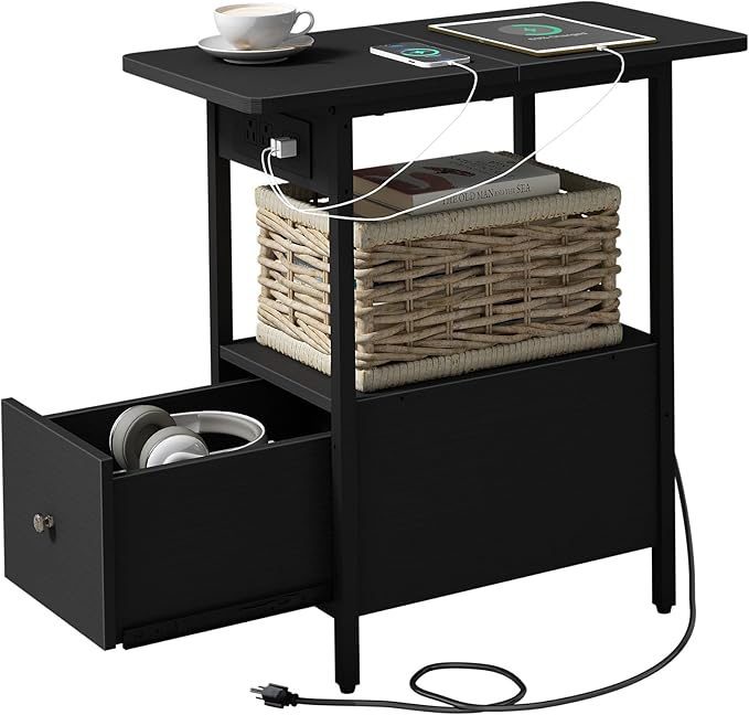 LIDYUK End Table with Charging Station, Narrow Side Table with Drawer and USB Ports & Power Outlets, Nightstand Bedside Tables for Small Spaces, Bedroom, Living Room, Black