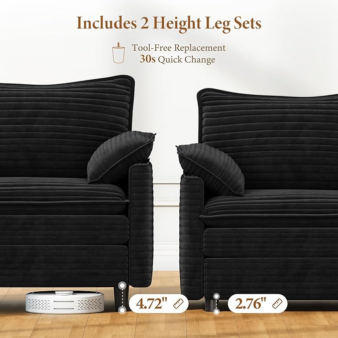 Vesgantti 108" Modular Sectional Sofa, Comfy Cloud Couch with Movable Ottoman Deep Seat Corduroy L Shaped Modular Sofa, Sectional Couches for Living Room, Bedroom and Apartment, Black