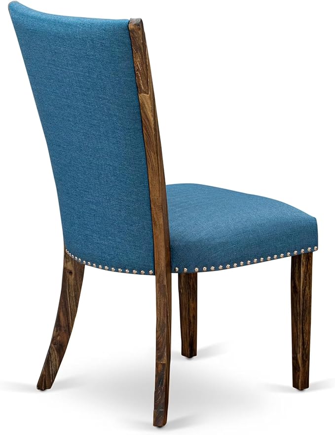 East West Furniture V727VE721-9 9 Piece Dining Set Includes a Rectangle Dining Room Table with V-Legs and 8 Blue Color Linen Fabric Upholstered Parson Chairs, 40x72 Inch, Multi-Color