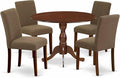 East West Furniture DMAB5-MAH-18 5 Piece Modern Dining Table Set Includes a Round Wooden Table with Dropleaf and 4 Coffee Linen Fabric Upholstered Chairs, 42x42 Inch, Mahogany