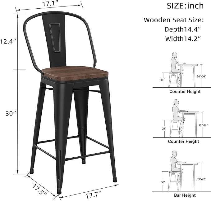 Yongqiang Black Metal Bar Stools Set of 4 Bar Height Stools Kitchen Island Barstools Industrial High Back Bar Chairs with Large Wooden Seat 30 inch