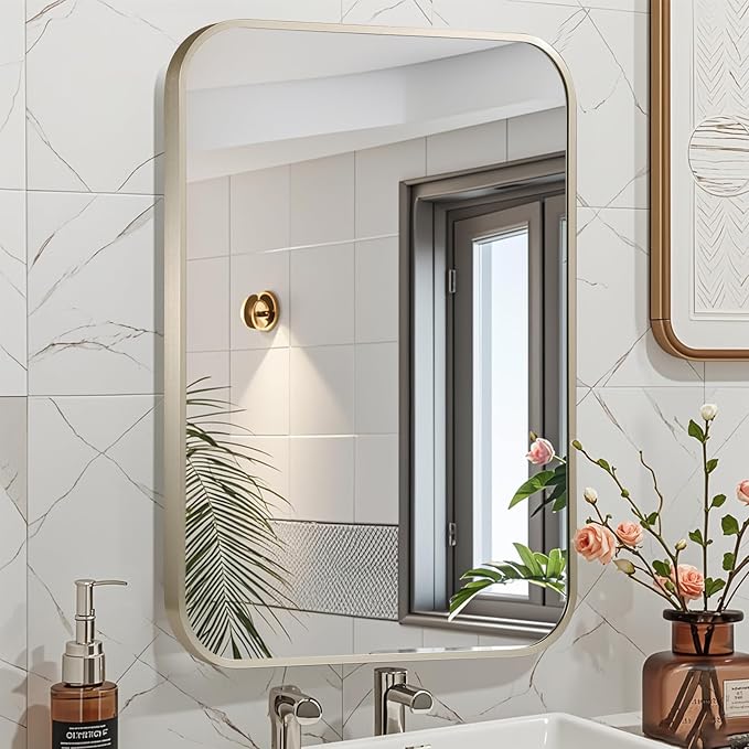 24x36 Inch Brushed Nickel Bathroom Mirror, Framed Rectangle Mirror with Rounded Corner, Brushed Mirror, Silver Bathroom Mirror for Over Sink, Vanity, Living Room, Bedroom, Horizontal/Vertical