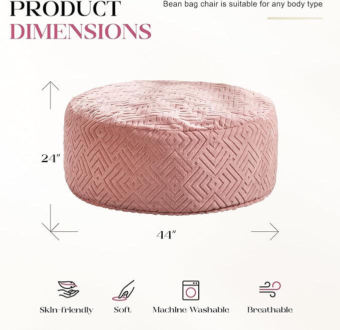 Hobestluk Bean Bag Chairs Adults Beanbag Chair with Filler Large Bean Bags with Fluffy Embossed Cover, Giant Bean Bag Chairs for Adults (Pink, 4FT - 44” x 44” x 24”)