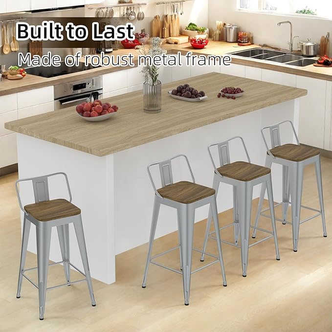 Silver Bar Stools Set of 4, Metal Bar Stools with Wooden Seat, Modern 30”Counter Height Barstools with Low Back