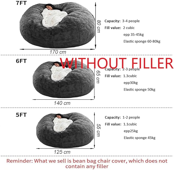 Bean Bag Chair for Adults Kids Without Filler Fluffy Comfy Giant Round Beanbag Sofa Chair Cover for Stuffed Animal Storage Living Room, 5FT, Dark Grey