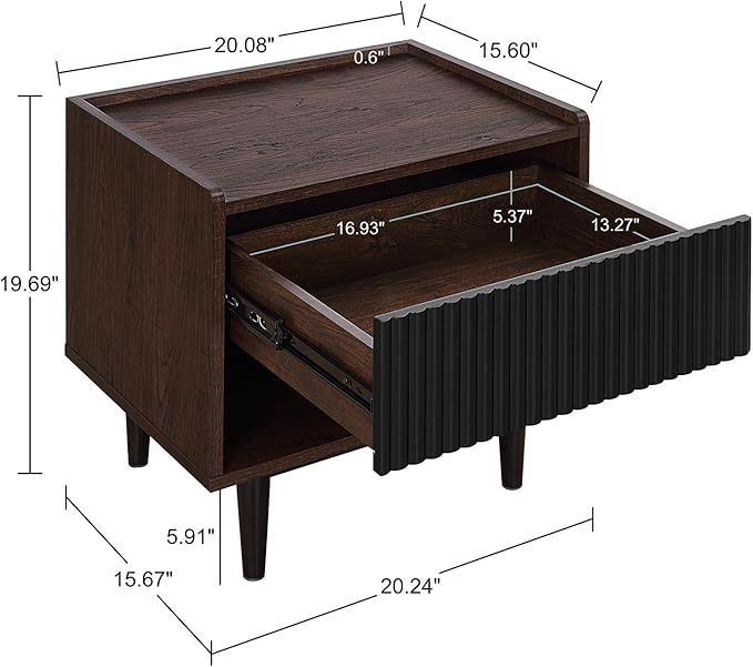 Manhattan Comfort Duane Modern Ribbed Nightstand, Bedside Table with Full Extension Drawer and Open Shelf, Industrial Chic Living Room and Bedroom Furniture, Black